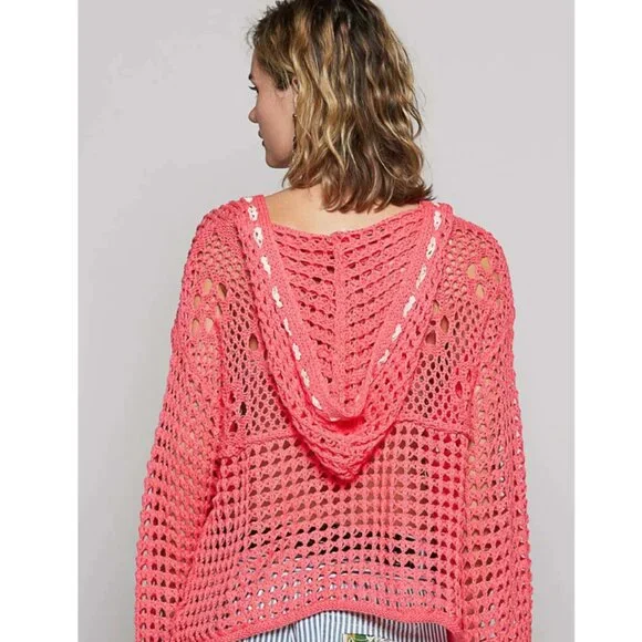 319 POL American Flag Black Open Knit Crochet Hoodie Top NWT Peach Echo - Picture 2 of 3